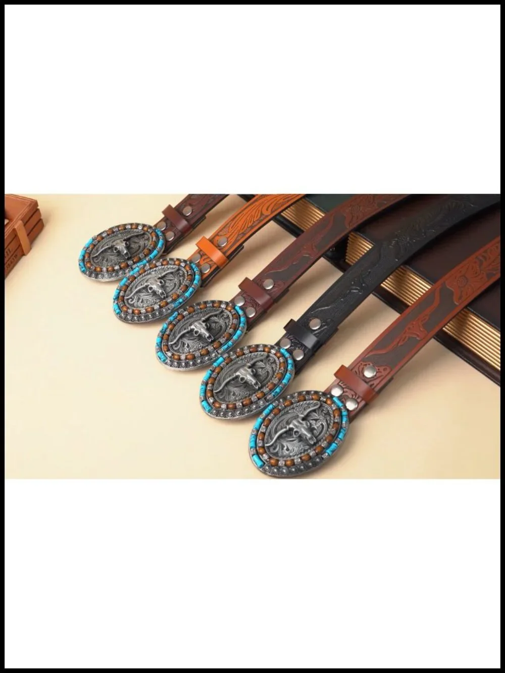 Genuine Leather Western Belt Turquoise Oval Buckle Cowboy Belt